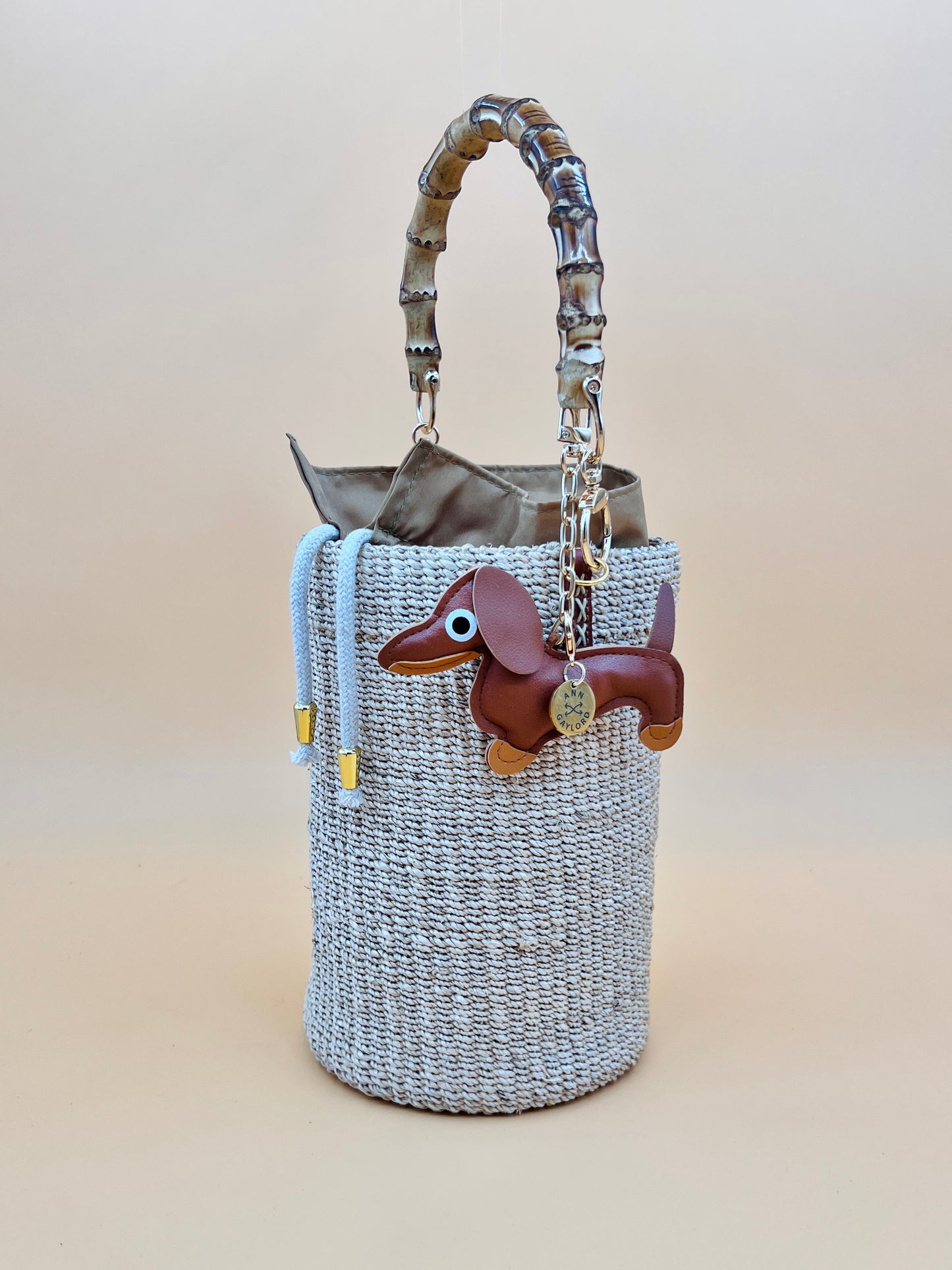 MAYA BUCKET BAG WITH DOG CHARM Handmade Mix and Match Abaca Bucket Bag, Sustainably Made and Responsibly Sourced from the Philippines