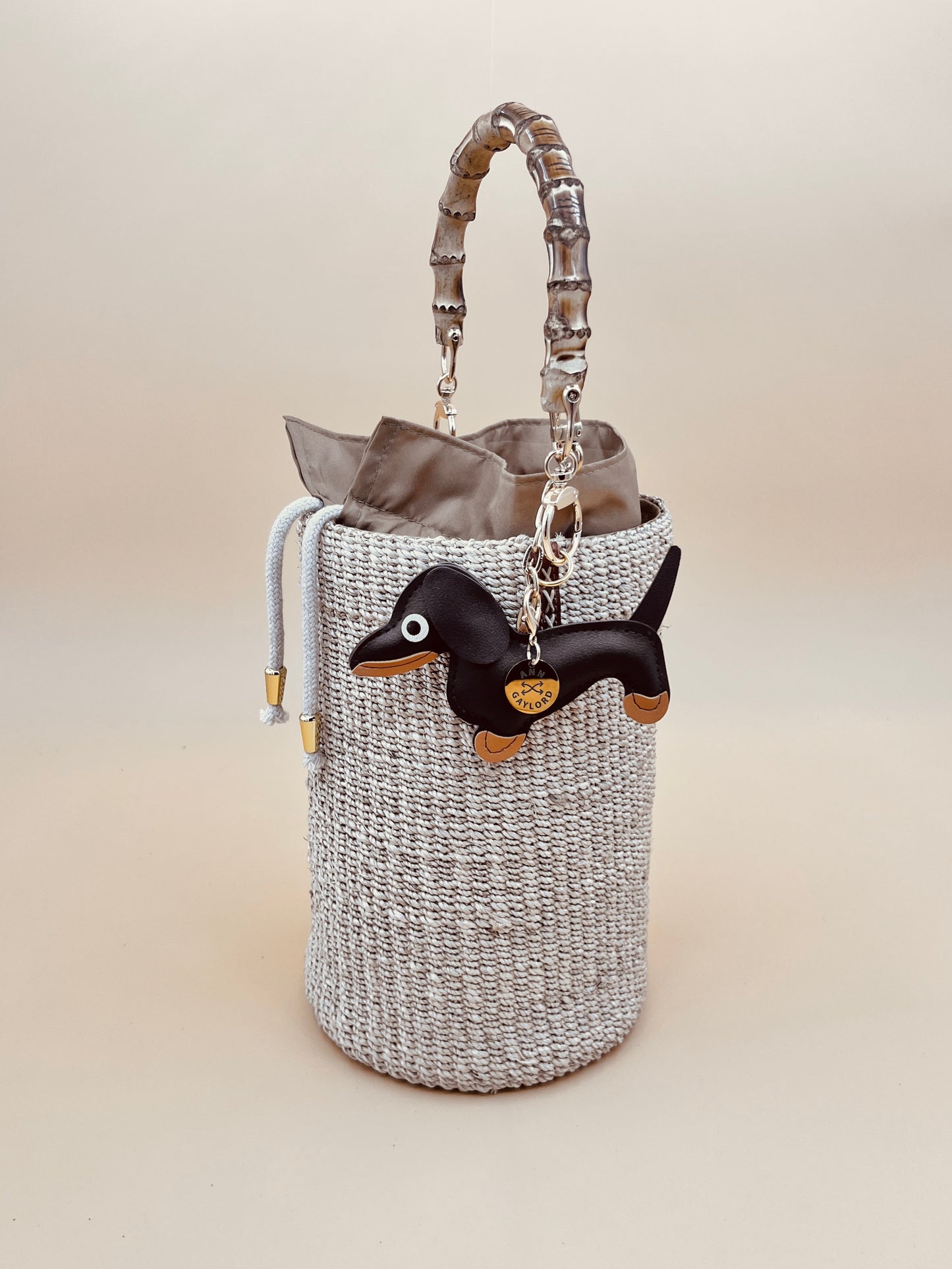 MAYA BUCKET BAG WITH DOG CHARM Handmade Mix and Match Abaca Bucket Bag, Sustainably Made and Responsibly Sourced from the Philippines