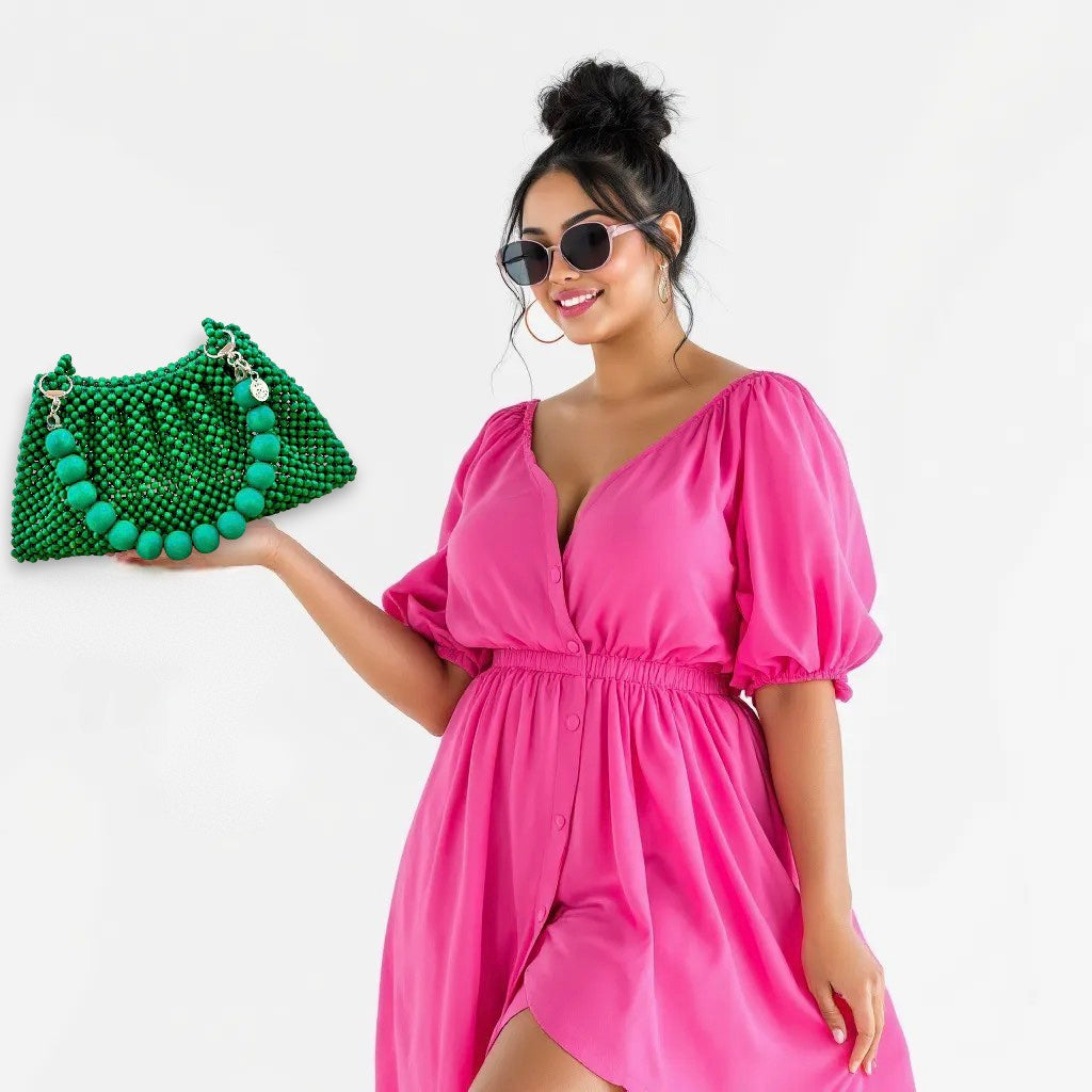 BONNIE BLACK Handmade Mix and Match Wooden Pleated Bead Bag, Sustainably Made and Responsibly Sourced from the Philippines