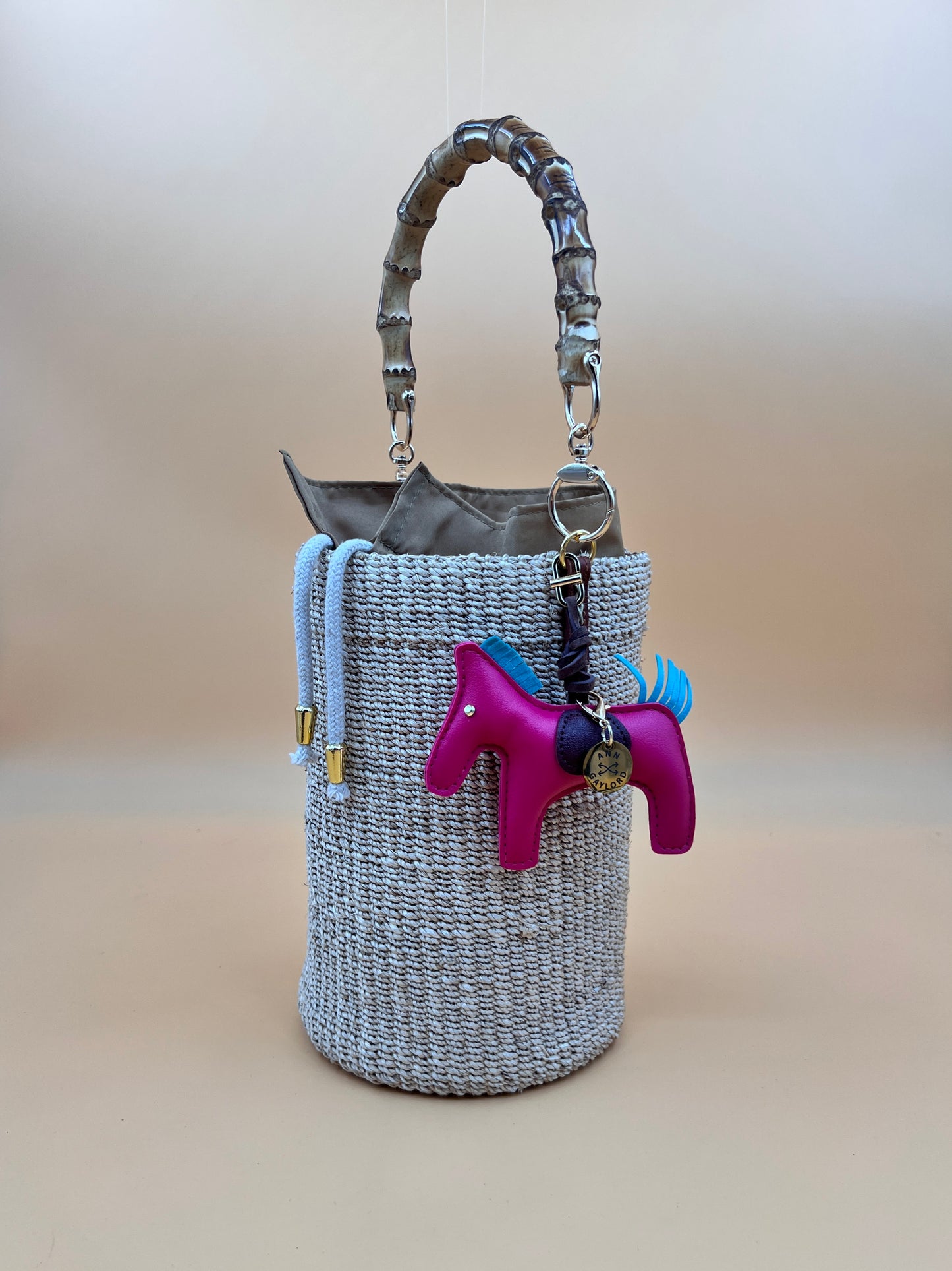 MAYA BUCKET BAG WITH HORSE CHARM Handmade Mix and Match Abaca Bucket Bag, Sustainably Made and Responsibly Sourced from the Philippines
