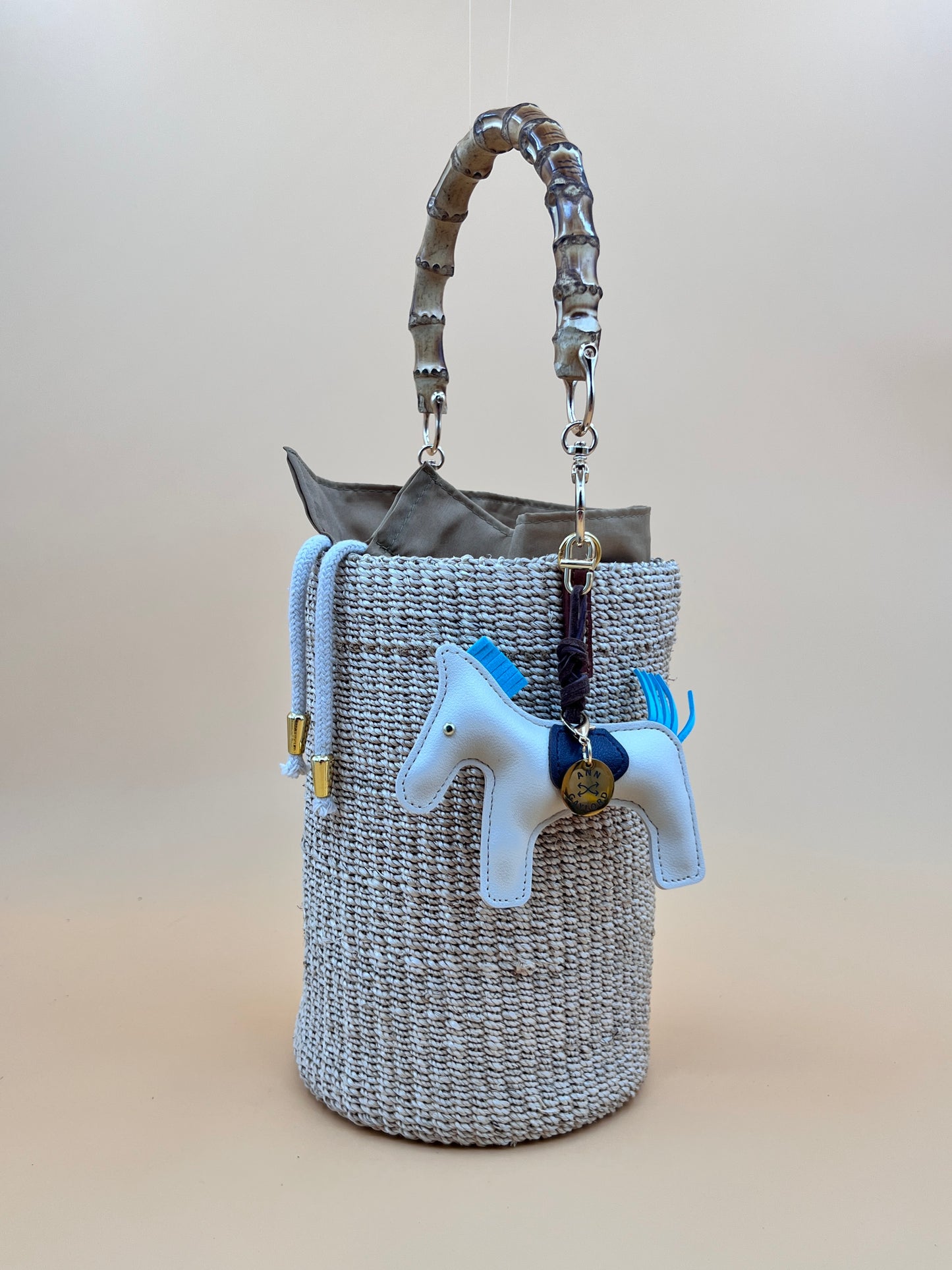 MAYA BUCKET BAG WITH HORSE CHARM Handmade Mix and Match Abaca Bucket Bag, Sustainably Made and Responsibly Sourced from the Philippines