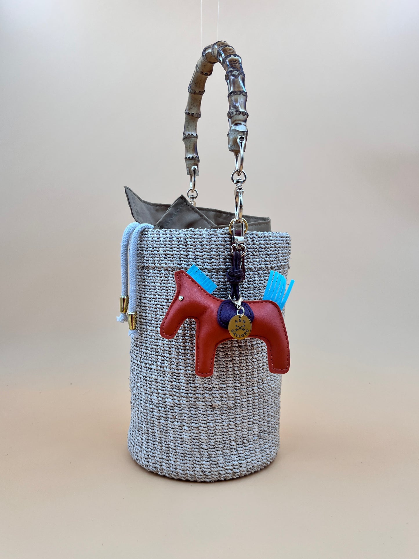 MAYA BUCKET BAG WITH HORSE CHARM Handmade Mix and Match Abaca Bucket Bag, Sustainably Made and Responsibly Sourced from the Philippines