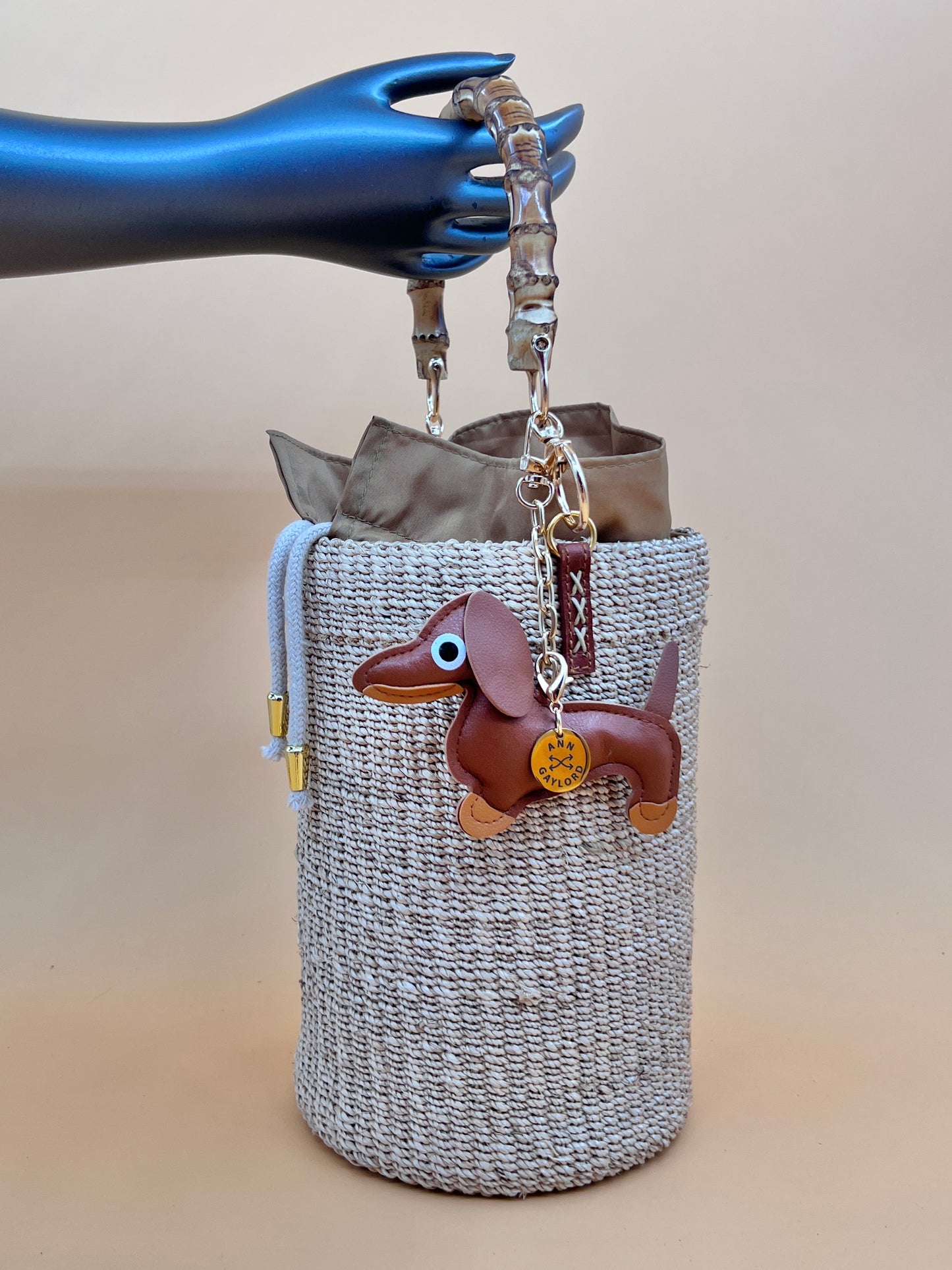 MAYA BUCKET BAG WITH DOG CHARM Handmade Mix and Match Abaca Bucket Bag, Sustainably Made and Responsibly Sourced from the Philippines
