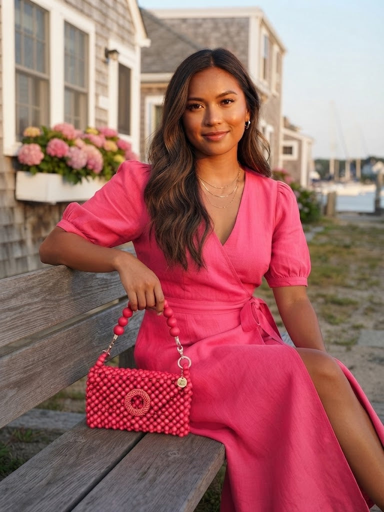 Small Darcy Bead Bag - Flap Closure - Hot Pink