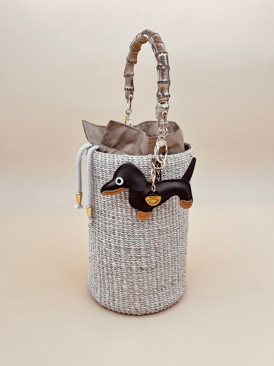 MAYA BUCKET BAG WITH DOG CHARM Handmade Mix and Match Abaca Bucket Bag, Sustainably Made and Responsibly Sourced from the Philippines