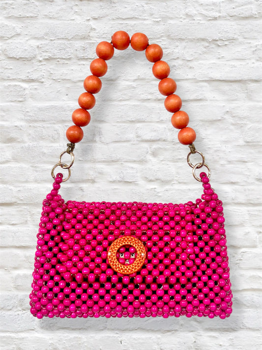 DARCY PINK Handmade Mix and Match Wooden Pleated Bead Bag, Sustainably Made and Responsibly Sourced from the Philippines