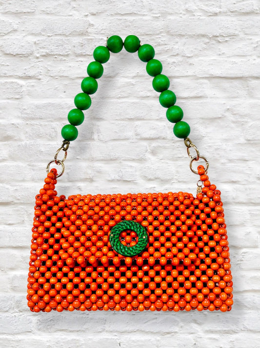 DARCY ORANGE Handmade Mix and Match Wooden Pleated Bead Bag, Sustainably Made and Responsibly Sourced from the Philippines