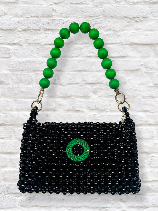 DARCY BLACK Handmade Mix and Match Wooden Pleated Bead Bag, Sustainably Made and Responsibly Sourced from the Philippines