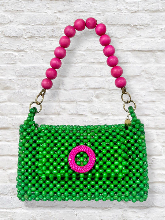 DARCY GREEN Handmade Mix and Match Wooden Pleated Bead Bag, Sustainably Made and Responsibly Sourced from the Philippines