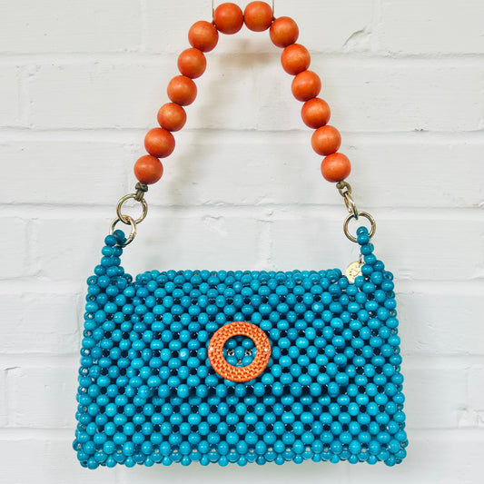 DARCY TEAL Handmade Mix and Match Wooden Pleated Bead Bag, Sustainably Made and Responsibly Sourced from the Philippines