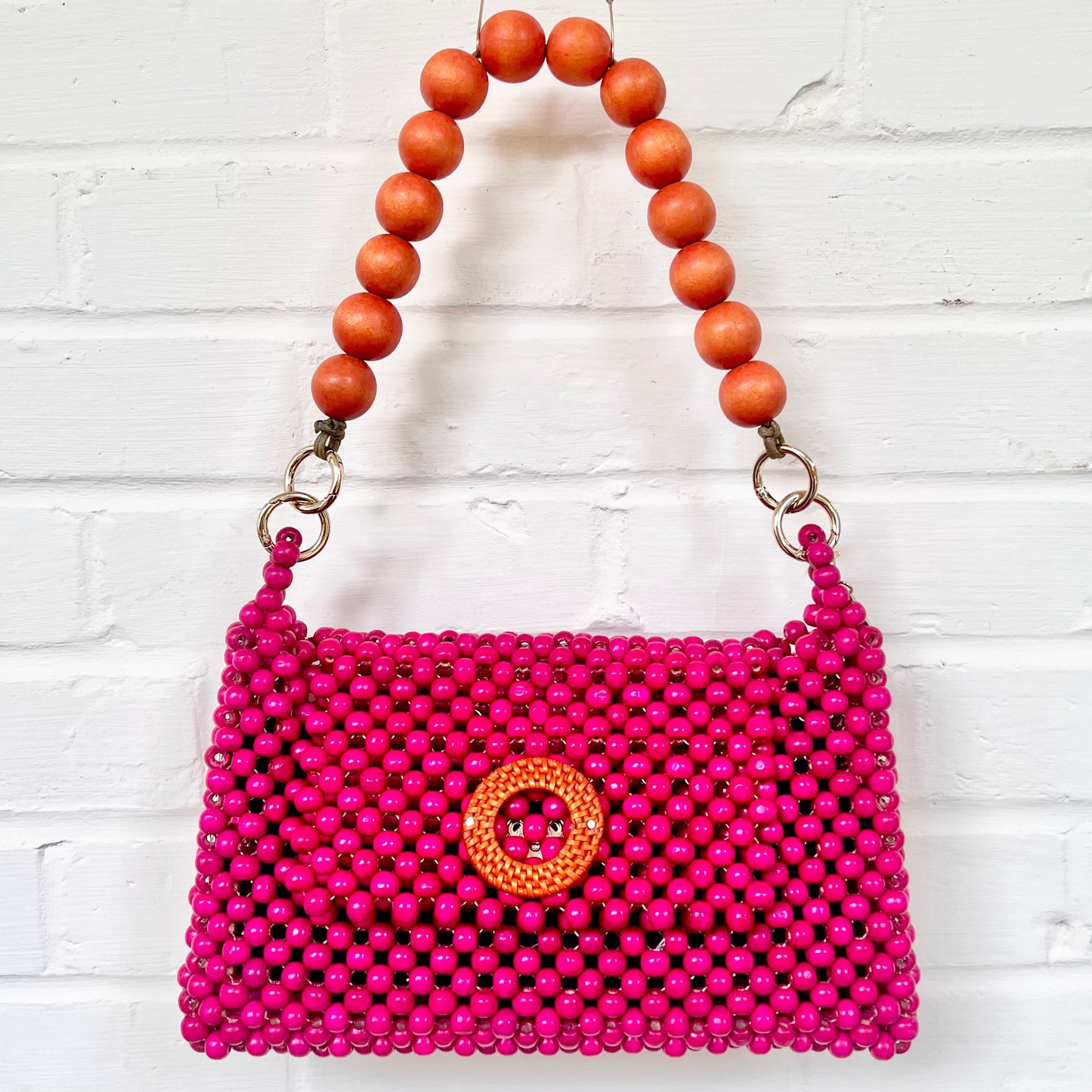 DARCY PINK Handmade Mix and Match Wooden Pleated Bead Bag, Sustainably Made and Responsibly Sourced from the Philippines