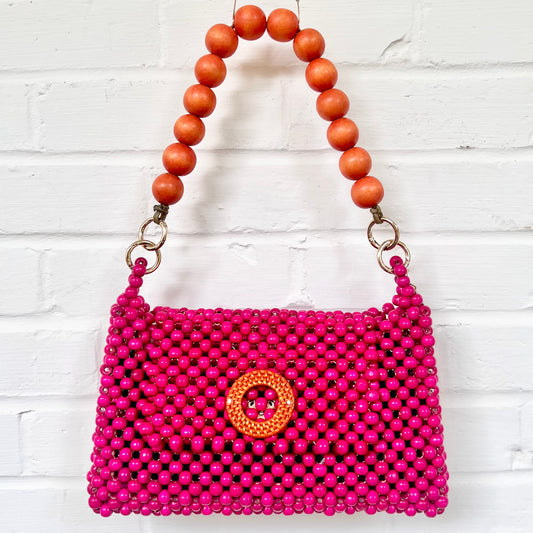 DARCY PINK Handmade Mix and Match Wooden Pleated Bead Bag, Sustainably Made and Responsibly Sourced from the Philippines